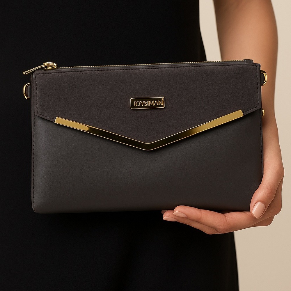 JOY & IMAN Clutch Purse Dark Gray Faux Leather Envelope Gold Trim Evening Bag